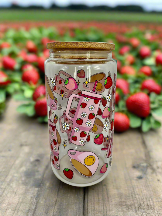 CAN GLASS CUP - PINK STRAWBERRY SMILEY COFFEE