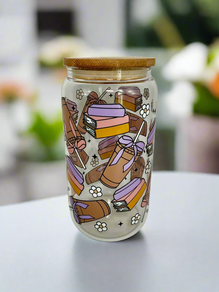 TAZA DE VIDRIO LATA - LIBROS Y CAFÉ ROSA MORADO