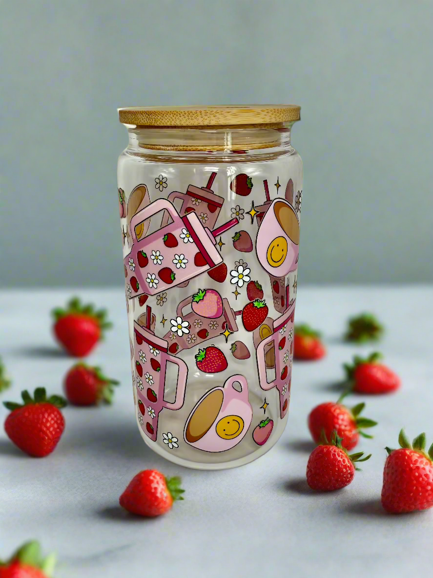 CAN GLASS CUP - PINK STRAWBERRY SMILEY COFFEE