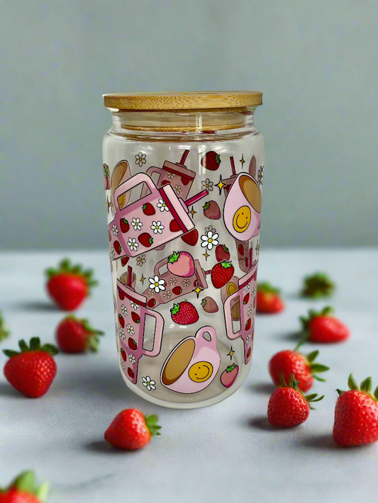 CAN GLASS CUP - PINK STRAWBERRY SMILEY COFFEE