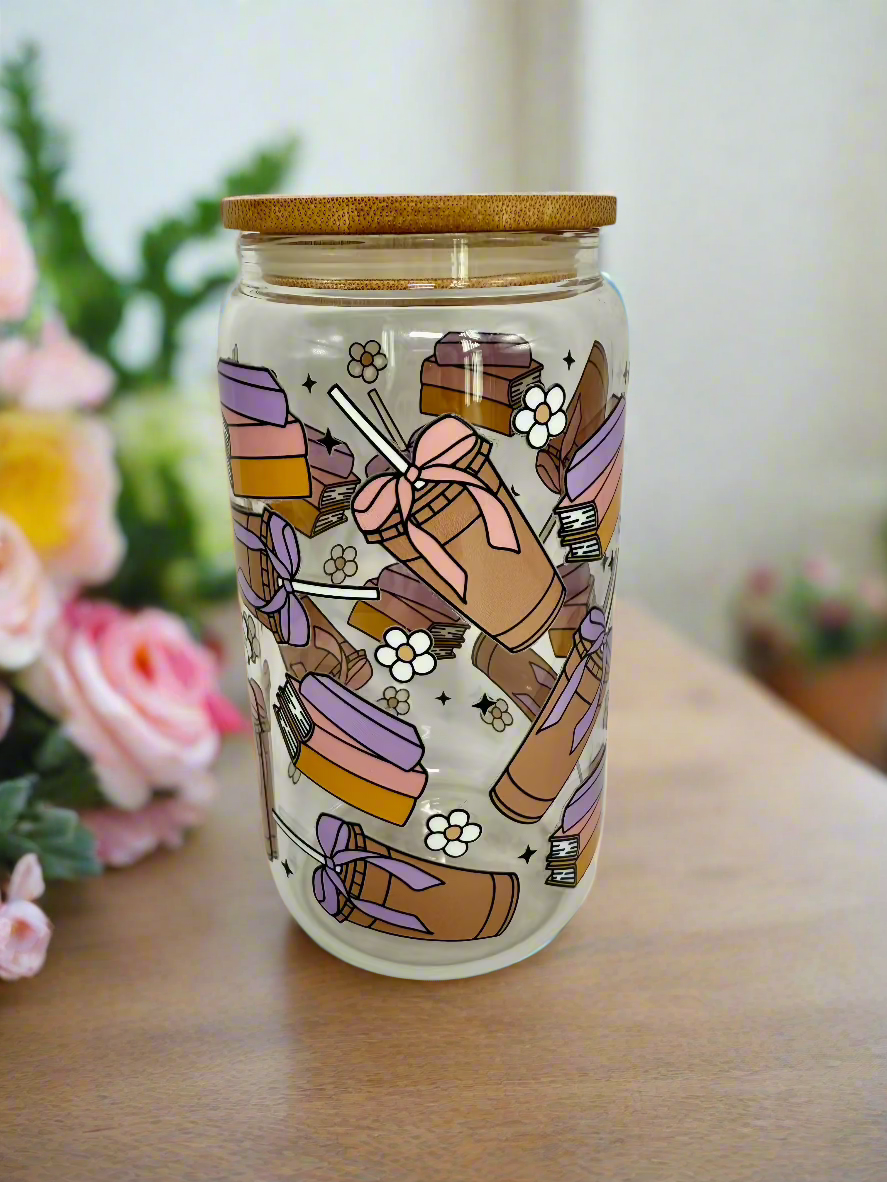 CAN GLASS CUP - PURPLE PINK BOOKS & ICED COFFEE
