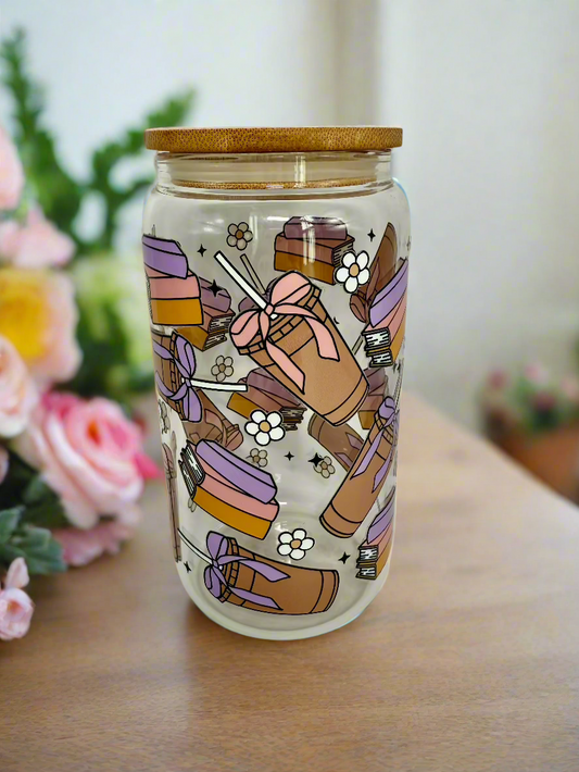 CAN GLASS CUP - PURPLE PINK BOOKS & ICED COFFEE