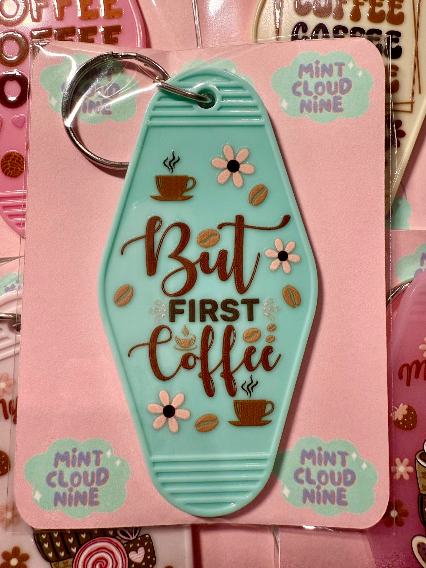 RETRO MOTEL KEYCHAIN - BUT FIRST COFFEE