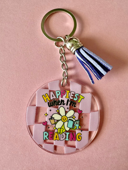 ACRYLIC CIRCLE KEYCHAIN - HAPPIEST WHEN I'M READING